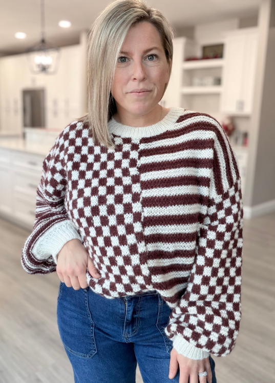Round neck long sleeve checker stripe color block sweater|8611