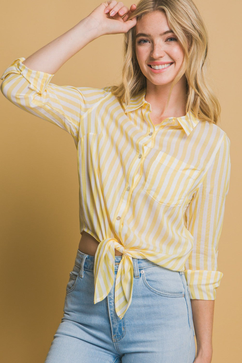 Striped Tie-Front Button Down|5582
