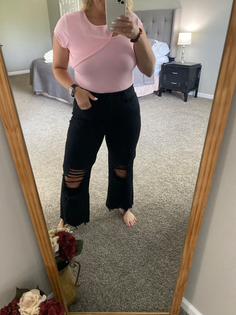 Black Distressed Flare Jean|7156