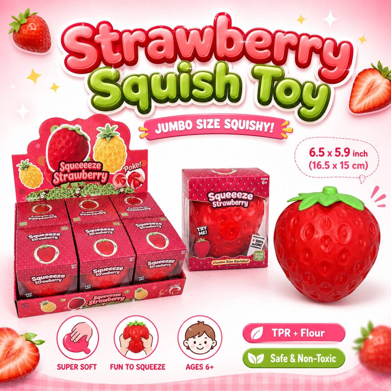 6pk Big Size Strawberry Squishy Squeeze Toy 6.5 x 5.9 Inch Sensory Toy