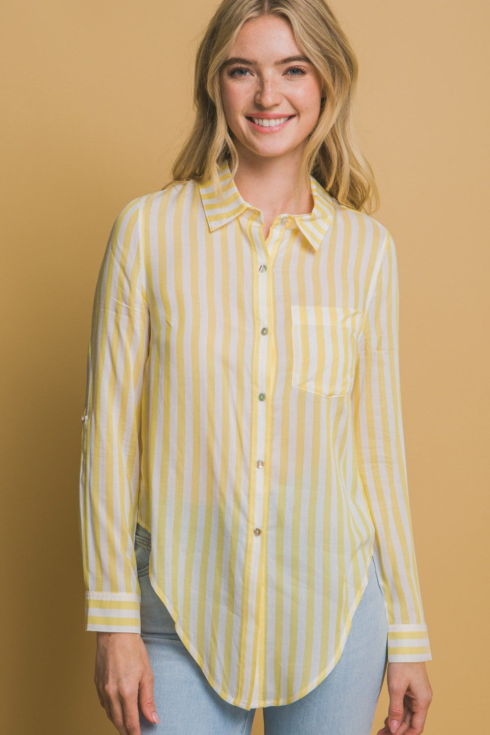 Striped Tie-Front Button Down|5583