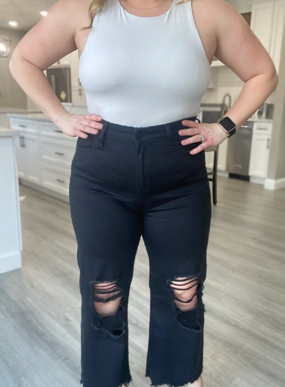 Black Distressed Flare Jean|6991