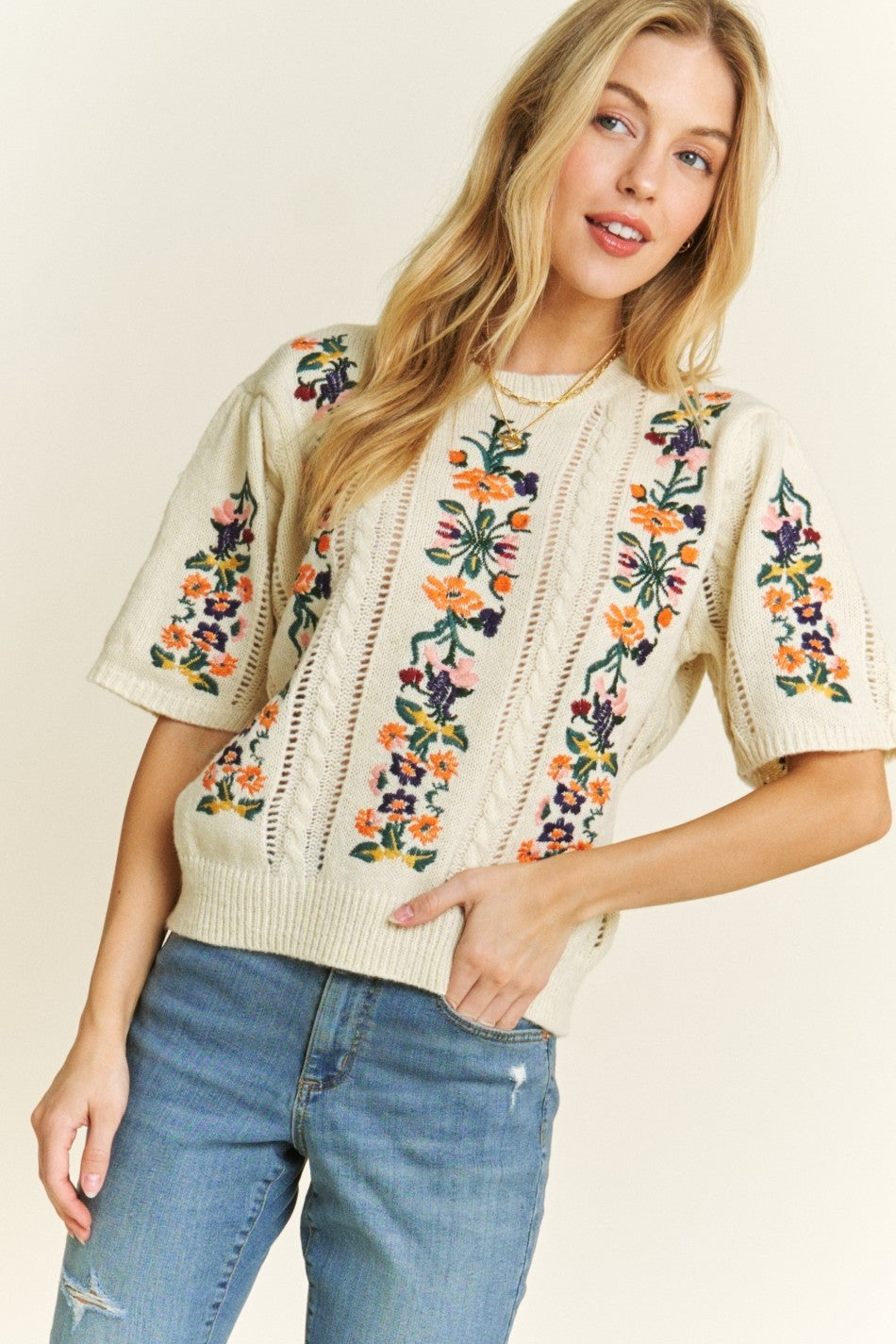 Floral Embroidery Pullover|5573