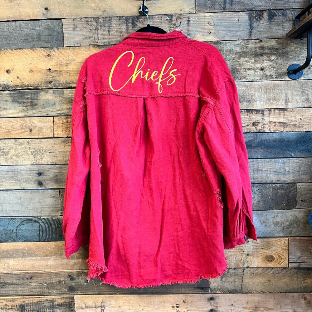 Embroidered Chiefs Distressed Red Shirt|8114