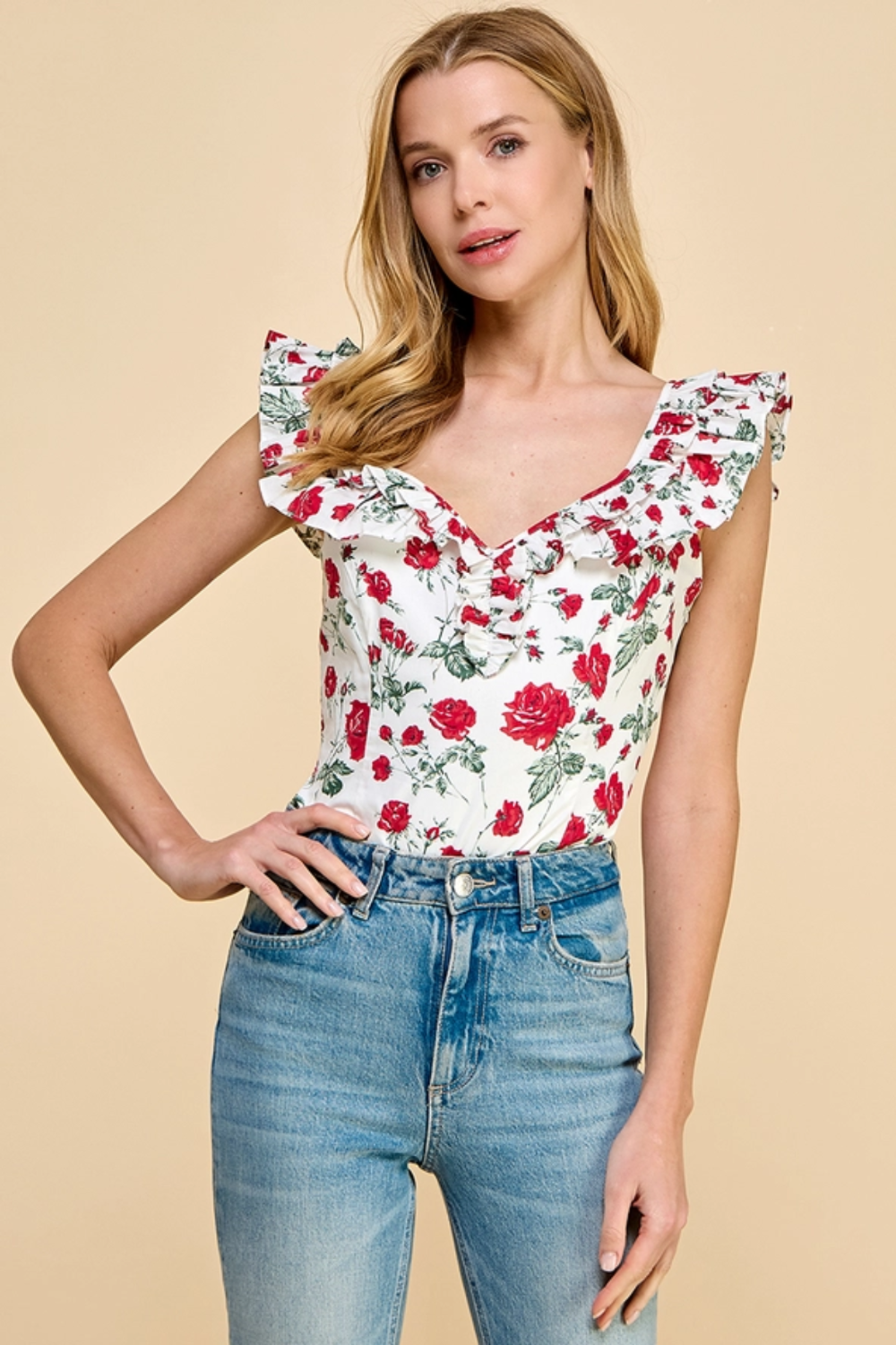 Floral Printed V Neckline Ruffle Detail Bodysuit|6152