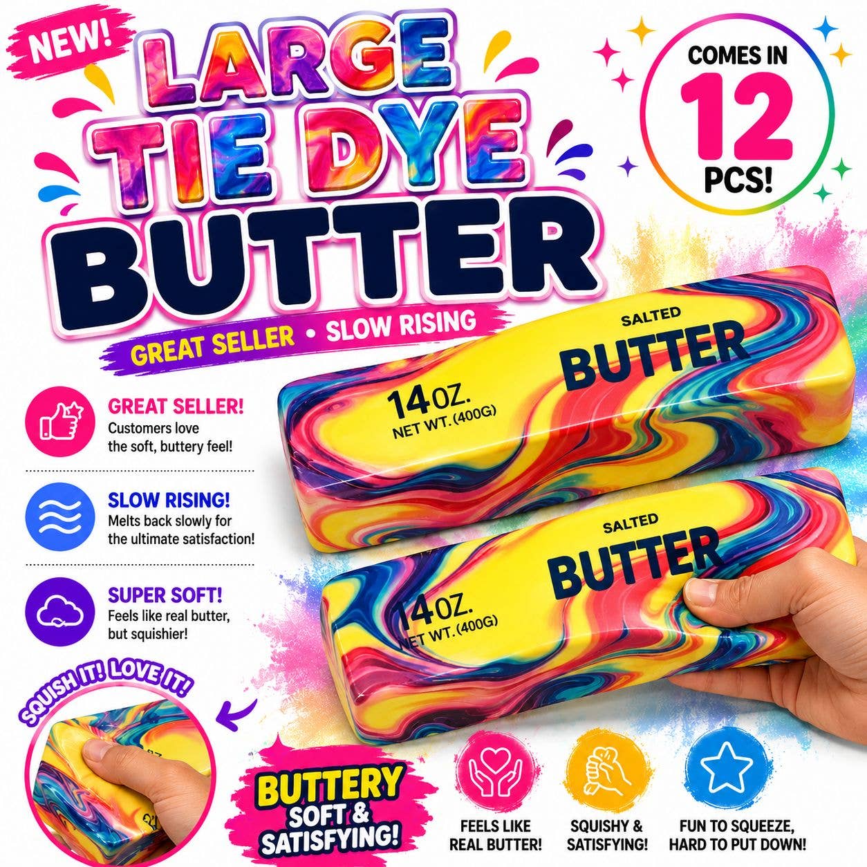 Large Tie-Dye Butter Squishy – Jumbo Slow-Rising Stress Toy