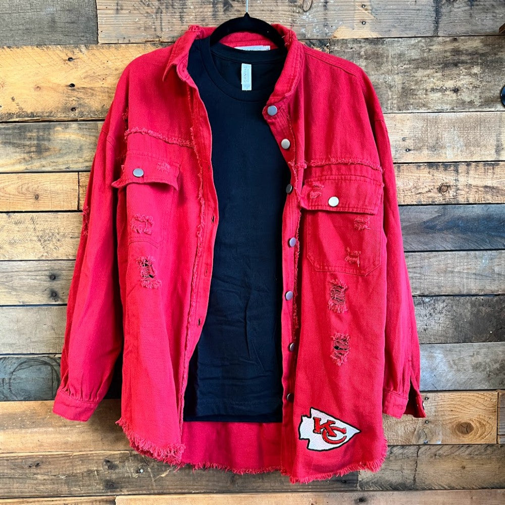 Embroidered Chiefs Distressed Red Shirt|8115