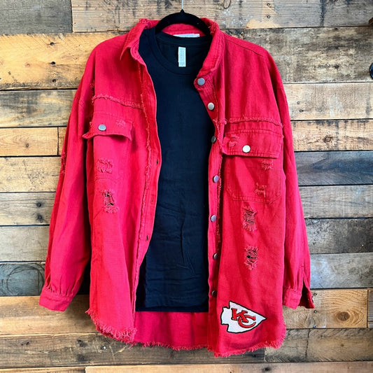 Embroidered Chiefs Distressed Red Shirt|8115
