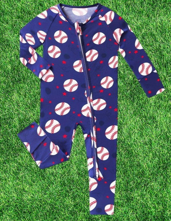 Baseball Dark Blue Bamboo Infant Sleeper|5989