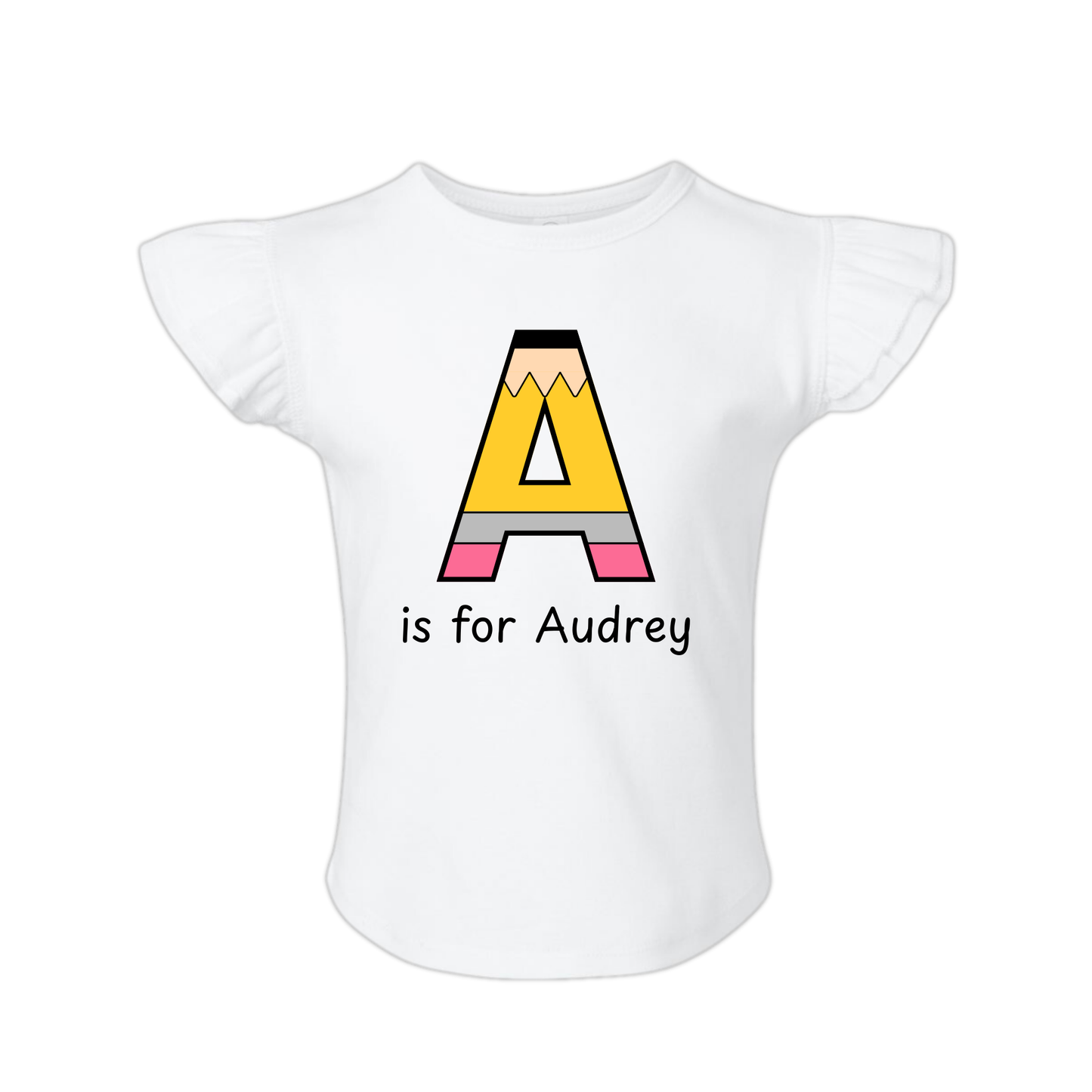 Personalized Pencil Letters Girl's Flutter Sleeve Graphic Tee