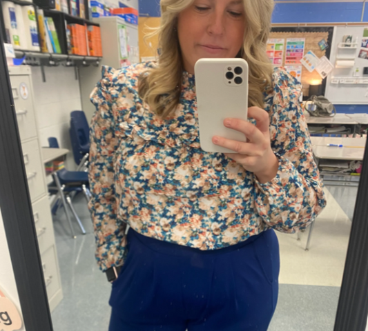 Blue floral puff sleeve mock neck blouse|7761