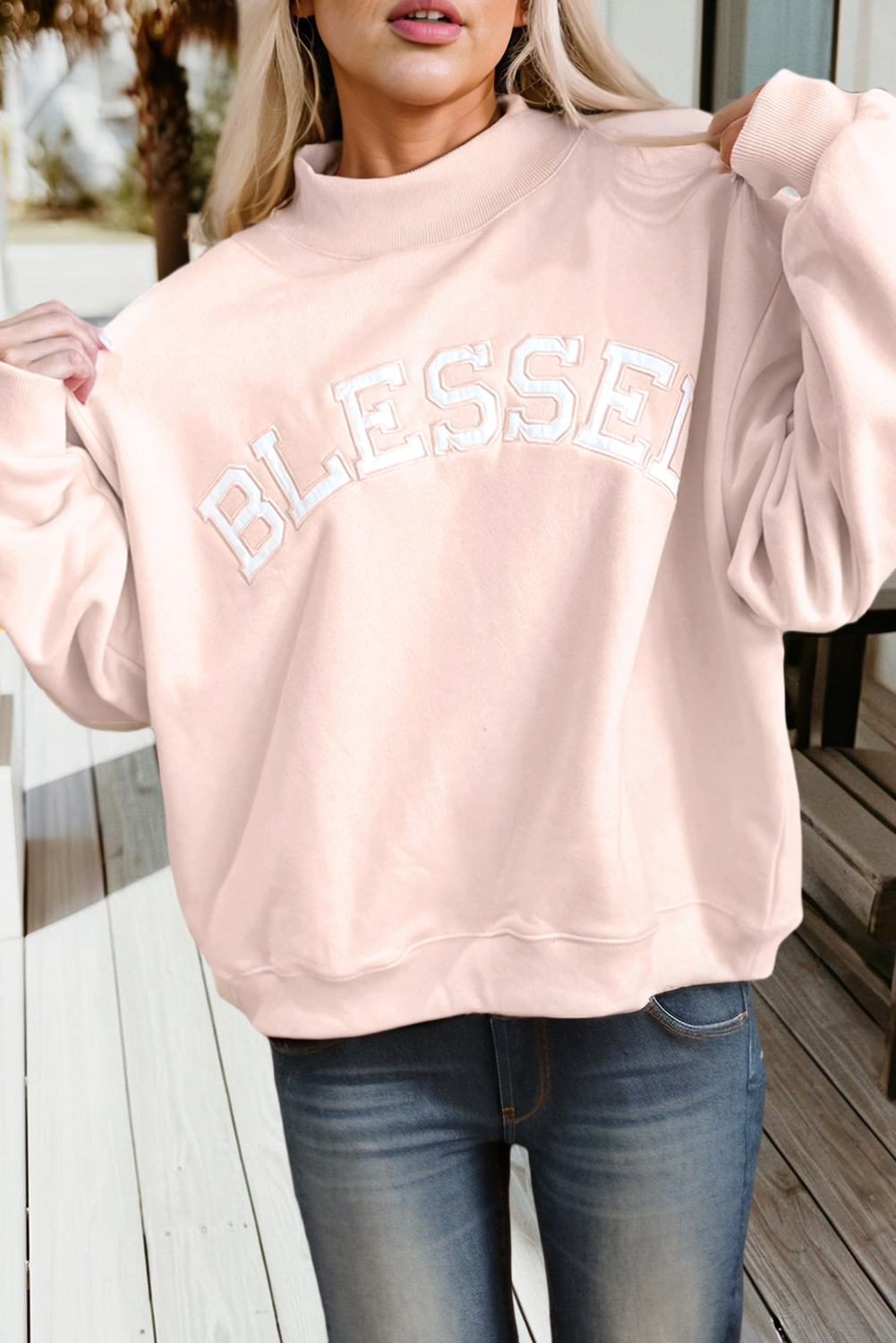66 Plus Size Blessed Embroidered Mock Neck Sweatshirt (S-4X)