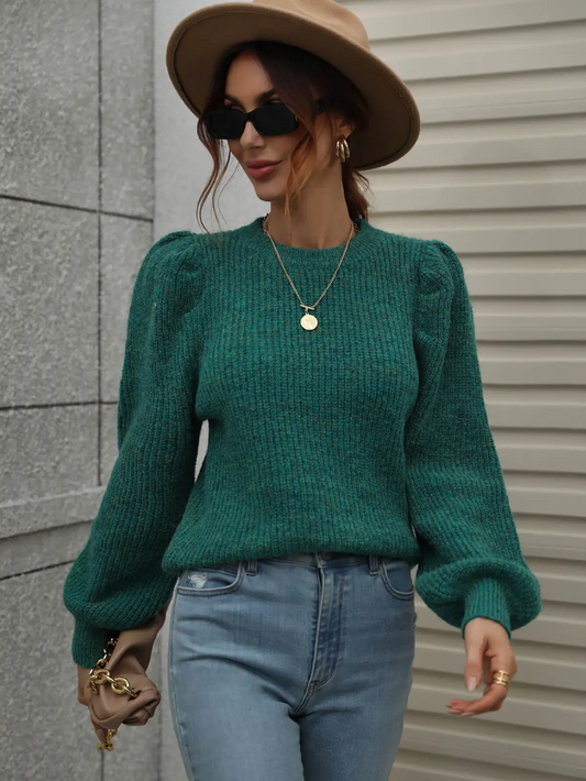 Lantern Sleeve Rib Knit Sweater - Green|7945