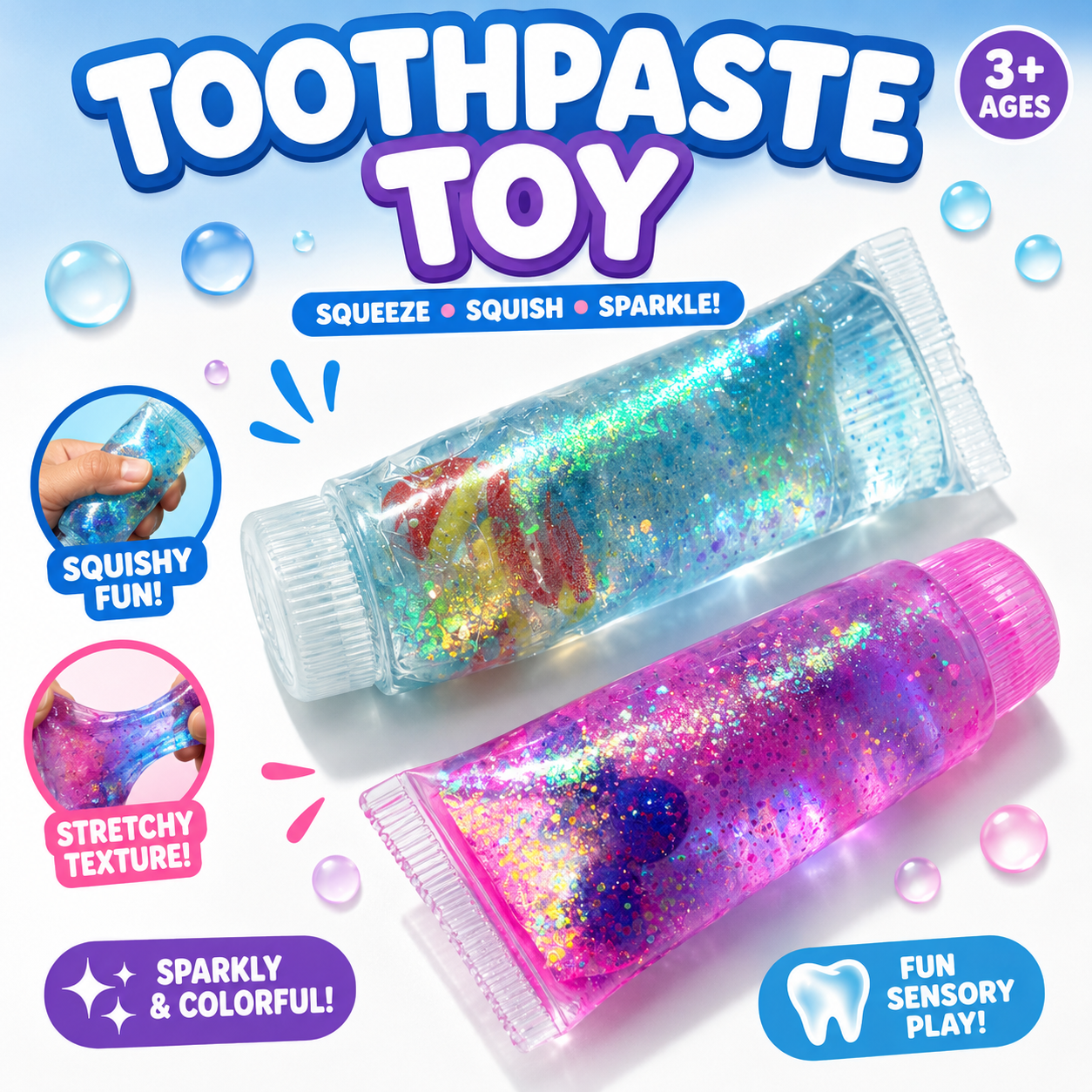 Glitter Toothpaste Squishy Toy – Stretchy Sensory Fidget