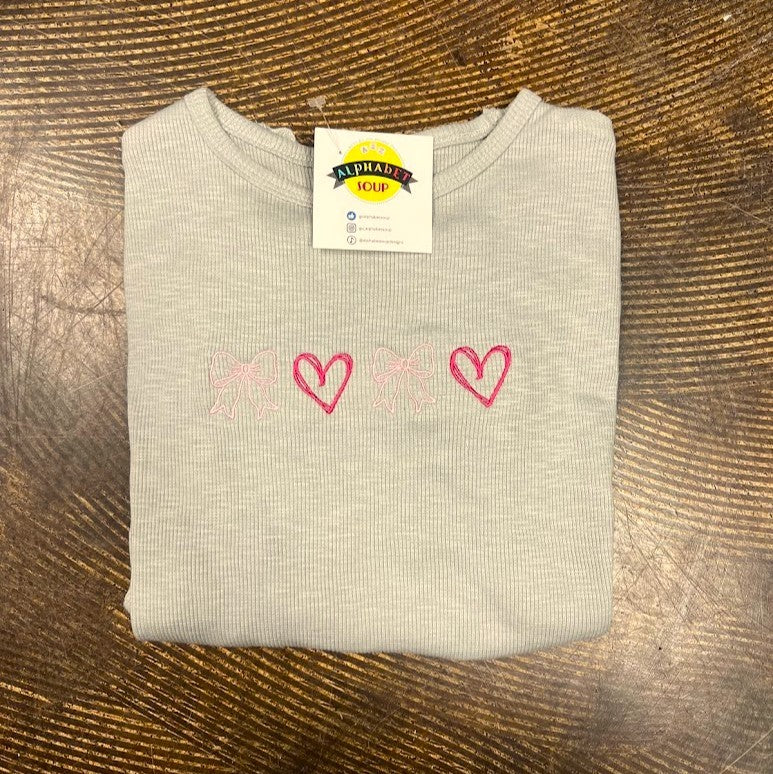 Hearts & Bows Grey Ruffle Ribbed Tee|8636