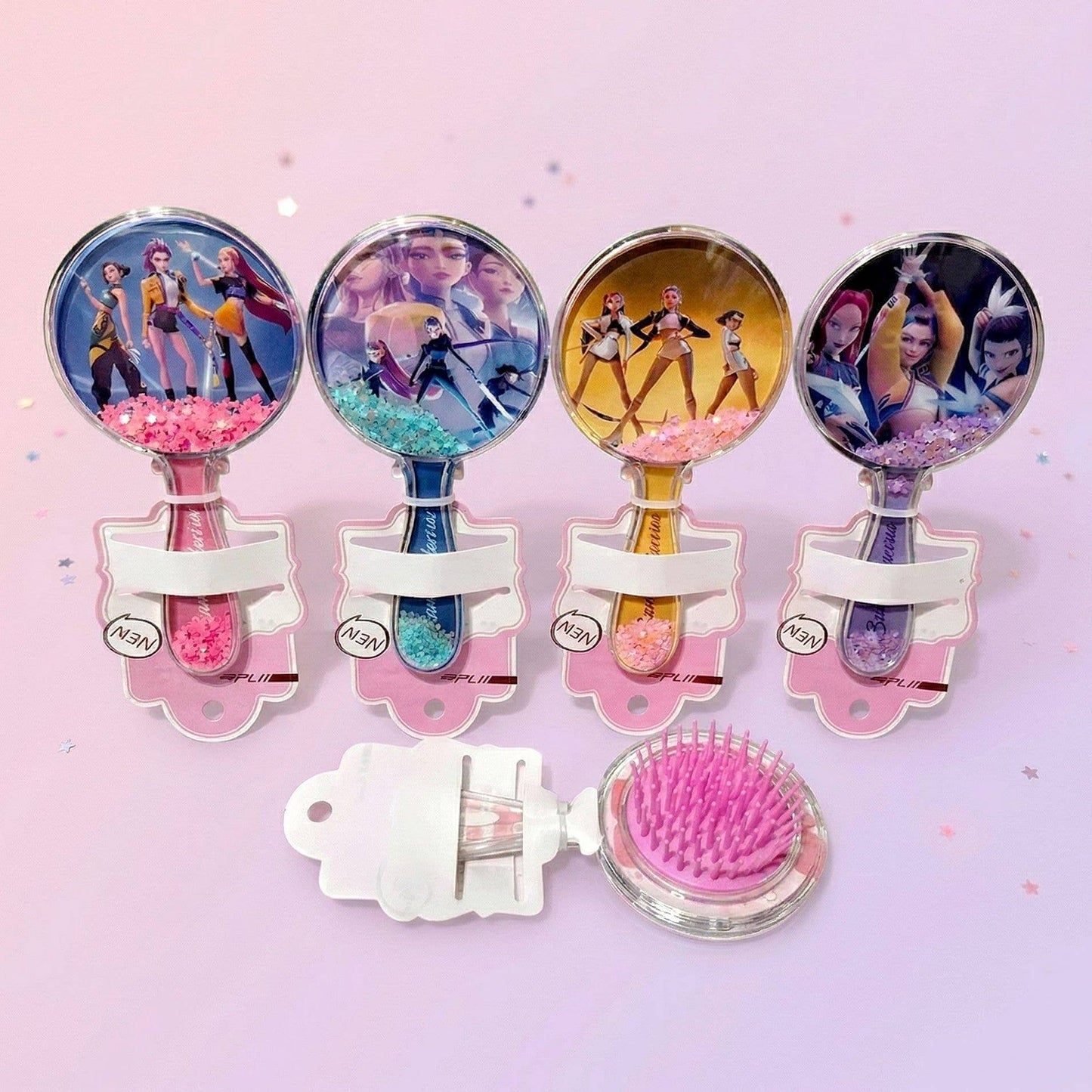 12pk Kpop Round Hair Brush Compact Mirror Brush Cute Portable Hair Comb for Kids Gift