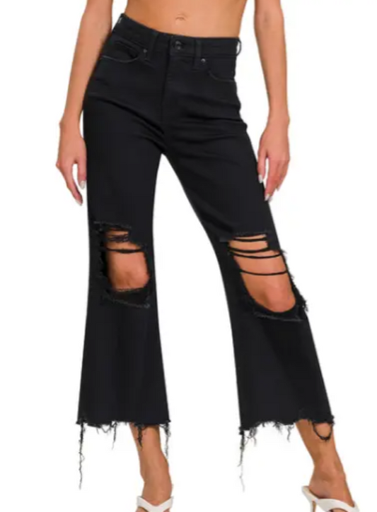 Black Distressed Flare Jean|6990