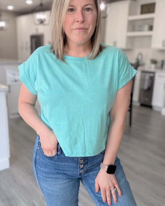 Teal Cotton Folded Sleeve Top- Simply Kane Boutique|9029