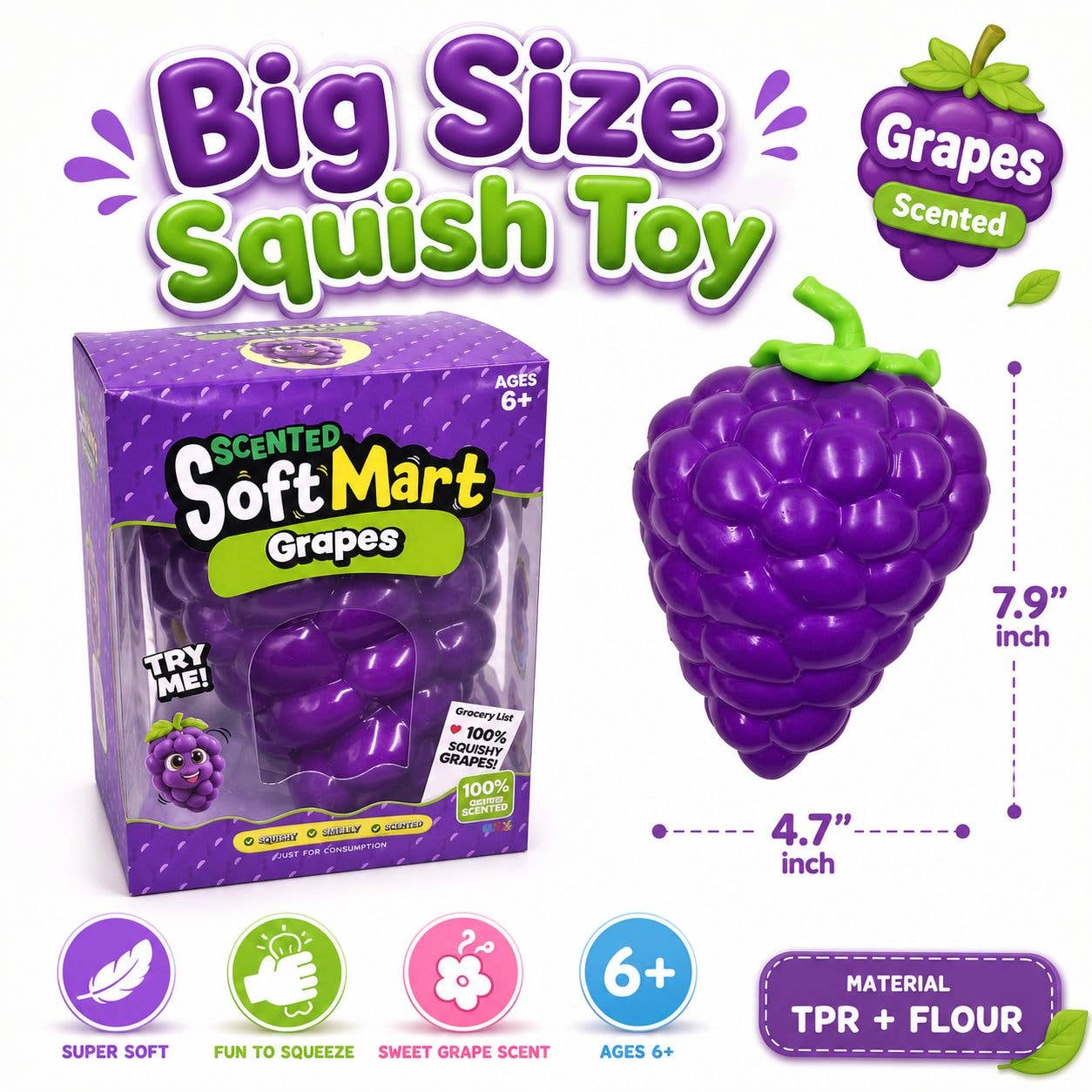 Big Size Grape Squishy Squeeze Toy 7.9 x 4.7 Inch Scented Sensory Toy