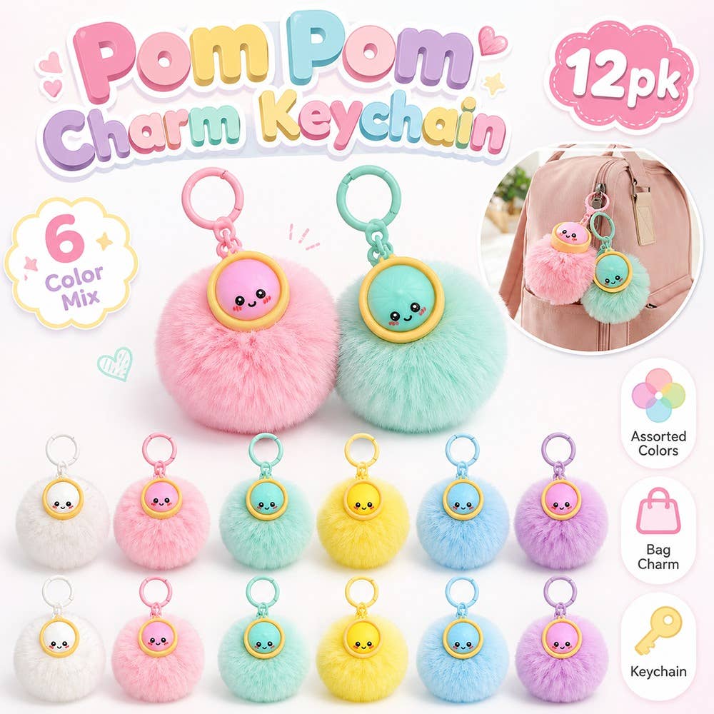 12pk Dumpling Bun Pom Pom Key Ring Keychain Soft Fluffy Bag Charm