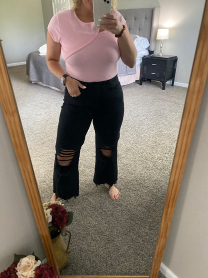 Black Distressed Flare Jean|7156