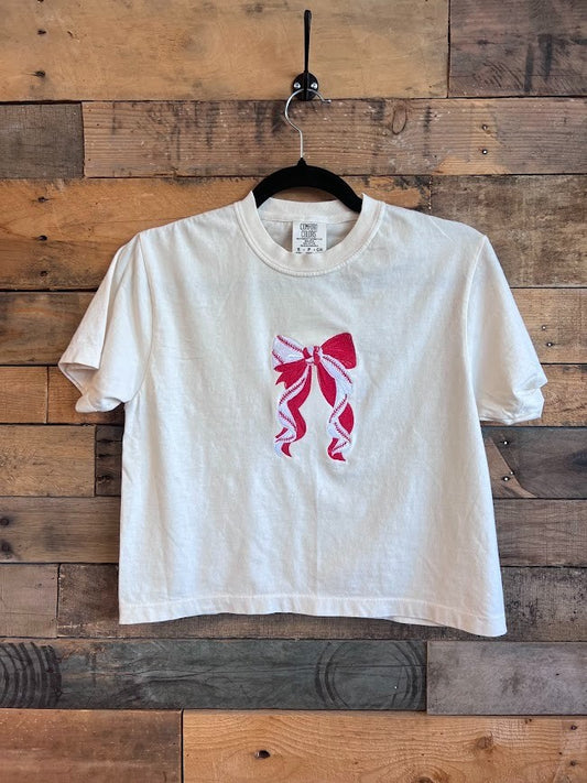 Cropped Baseball Bow embroidered tee|9231