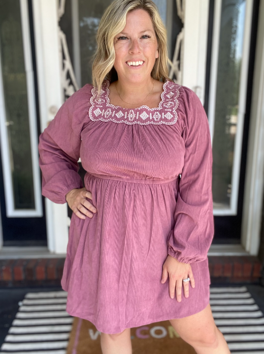 Embroidery Square Neck Corduroy Mini Dress|7758