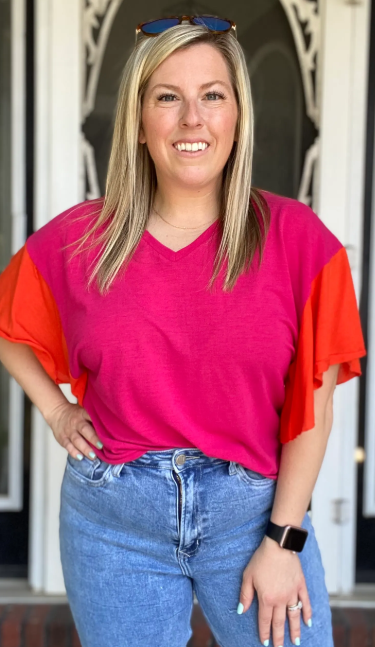 Pink & Orange Color Block Top|8893