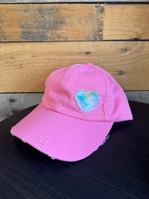 Pink Distressed Hat with Mini Offset Heart|8597