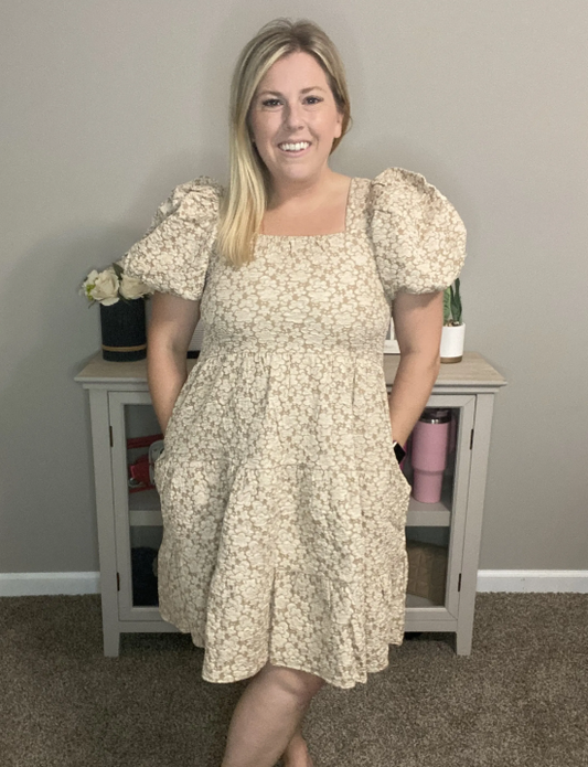 Beige Puff Sleeve Dress|8549
