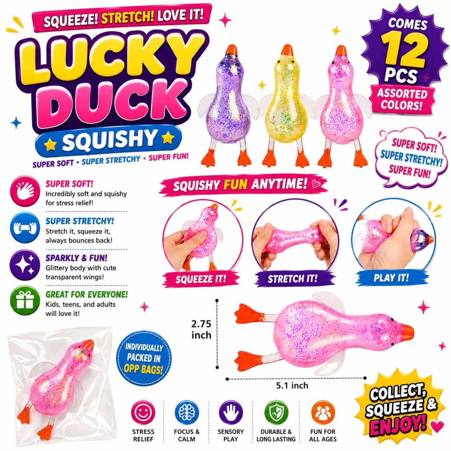 Lucky Duck Squishy – Glitter Stretchy Duck