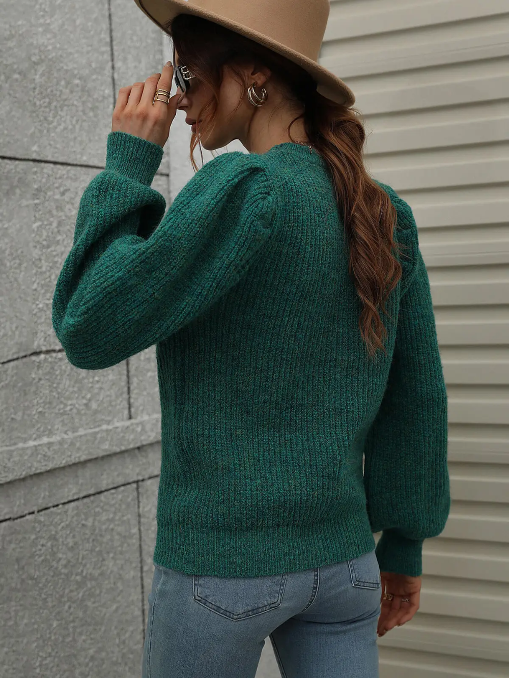 Lantern Sleeve Rib Knit Sweater - Green|7944