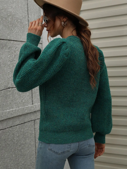 Lantern Sleeve Rib Knit Sweater - Green|7944