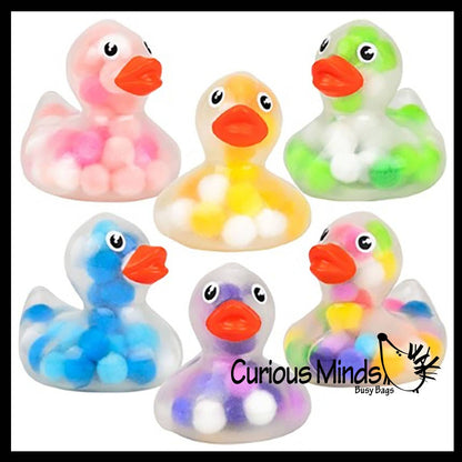 1 Pom Pom Filled Regular 2" Rubber Ducks - Rubber Duckies -