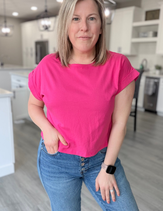 Pink Cotton Folded Sleeve Top- Simply Kane Boutique|9032