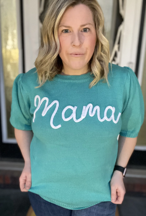 Blue Embroidered Mama Sweater|8888