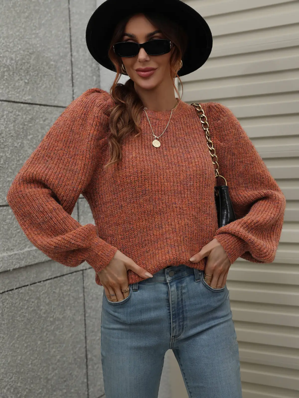 :Lantern Sleeve Rib Knit Sweater|7948