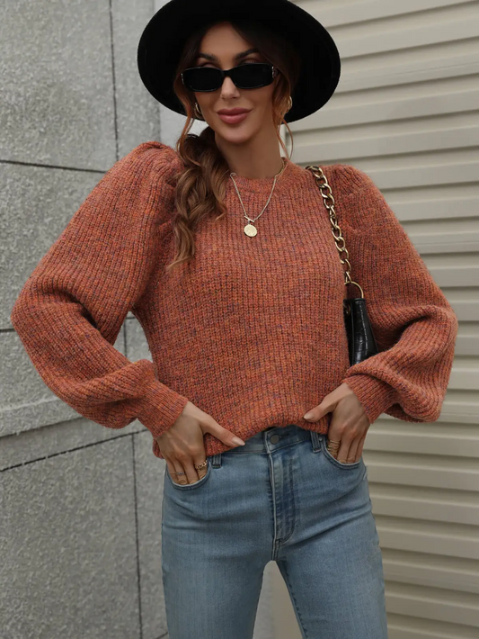 :Lantern Sleeve Rib Knit Sweater|7948