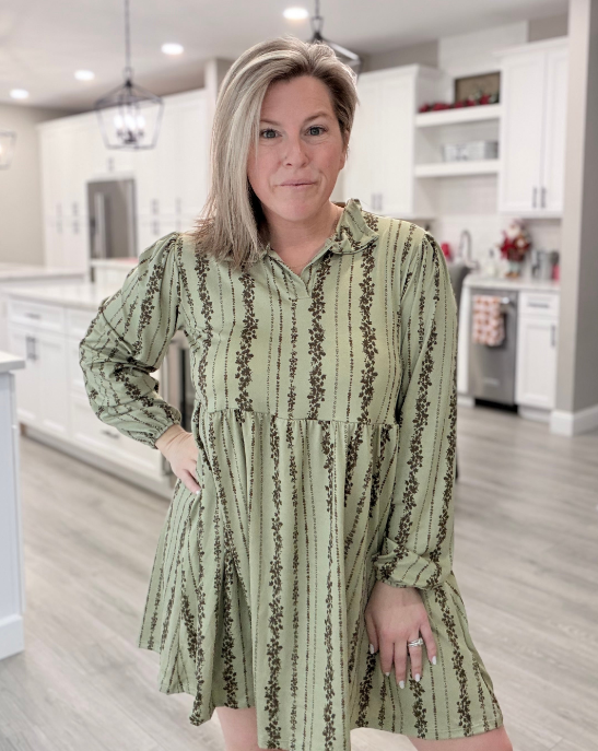 Collared Notch Neck Baby doll green dress|8579