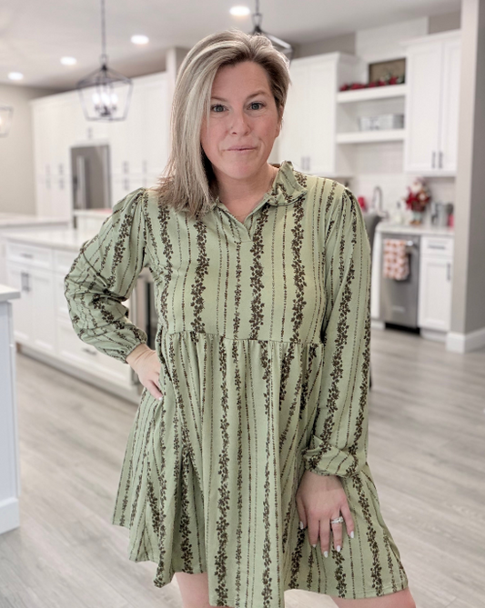 Collared Notch Neck Baby doll green dress|8579