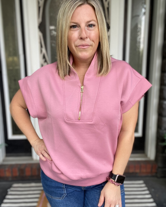 Scuba High Neck Half Zip Top - LT Rose|8542