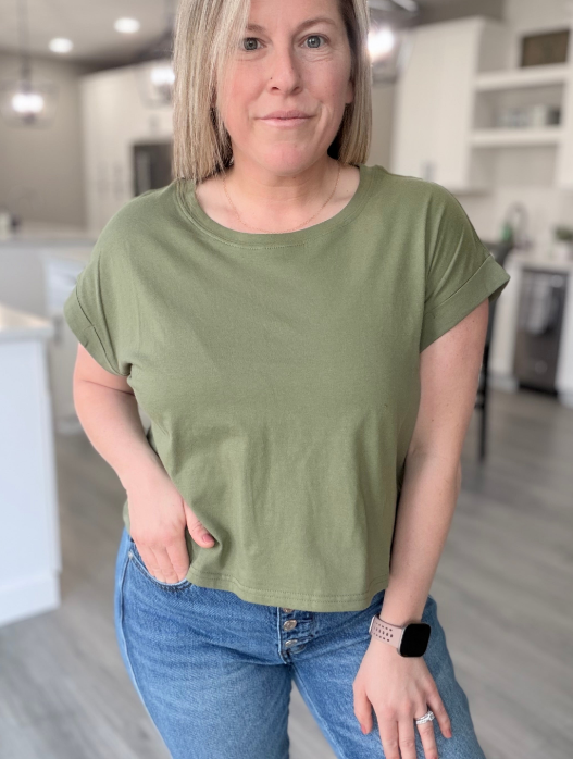 Olive Cotton Folded Sleeve Top- Simply Kane Boutique|9030
