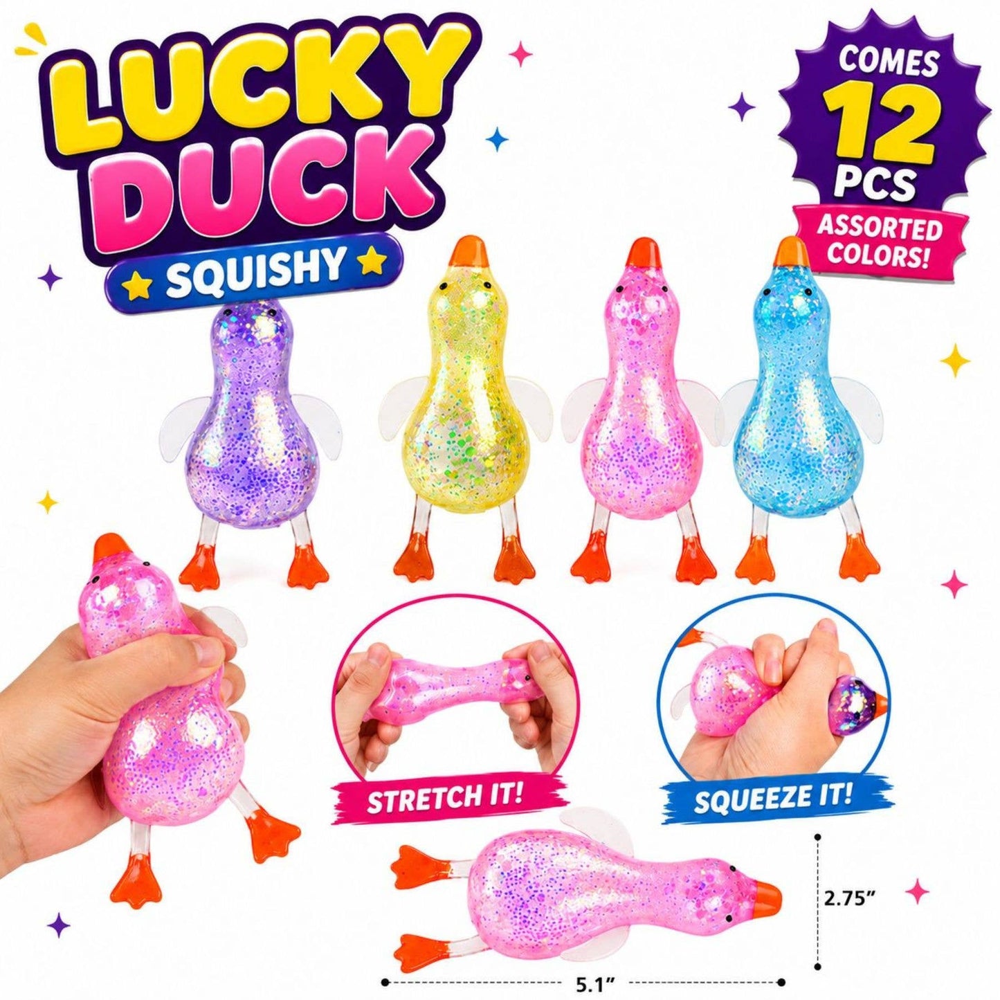 Lucky Duck Squishy – Glitter Stretchy Duck