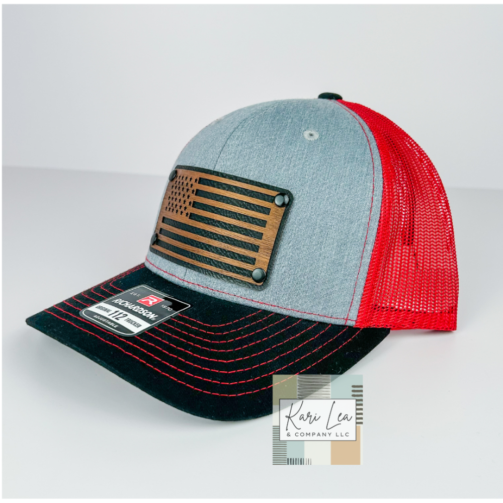 Red/Grey/Black Richardson 112 Hat - American Flag w/Black Rivets|8481