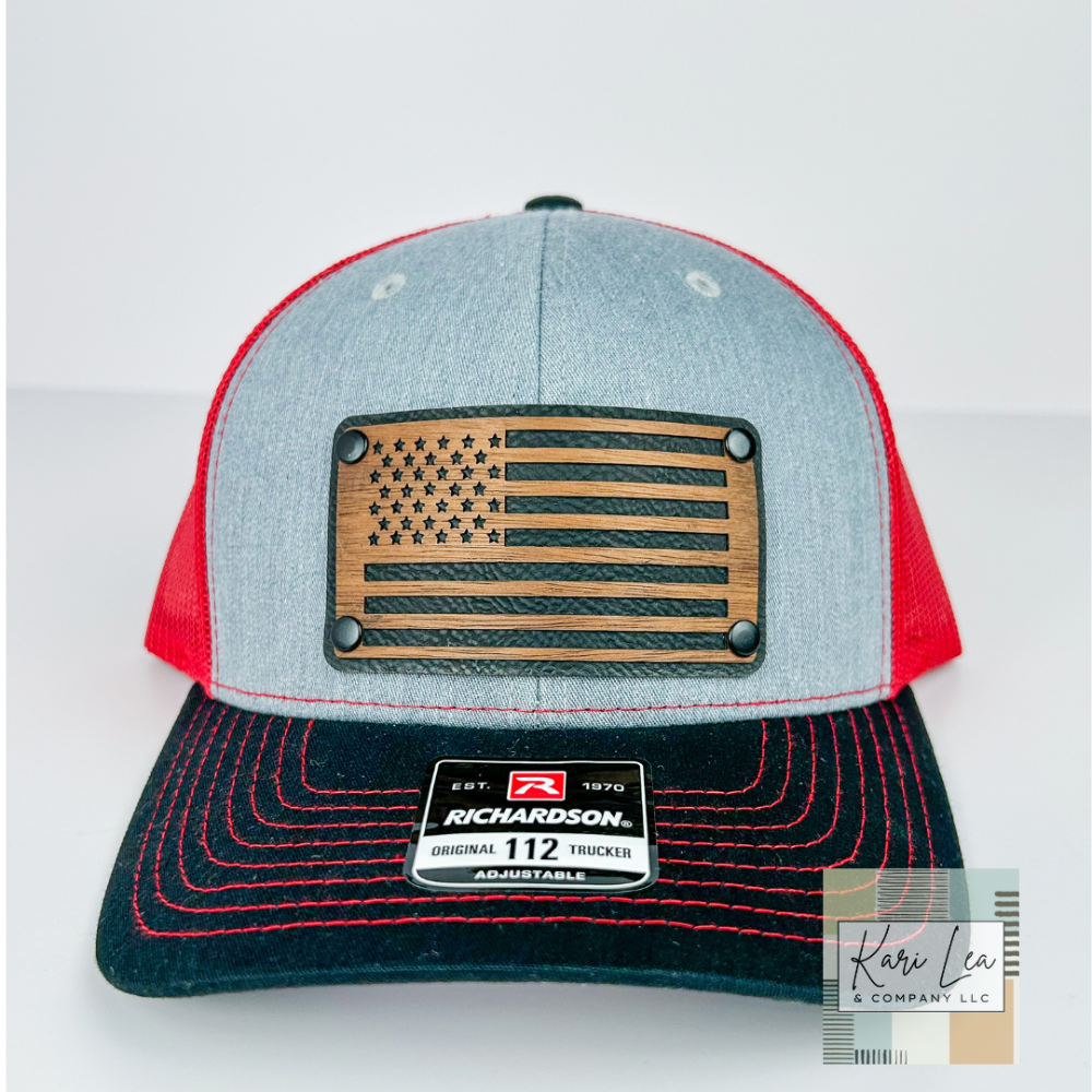 Red/Grey/Black Richardson 112 Hat - American Flag w/Black Rivets|8480