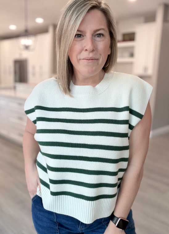 Dark Green Oversized Crew Neck Stripe Sweater|8886