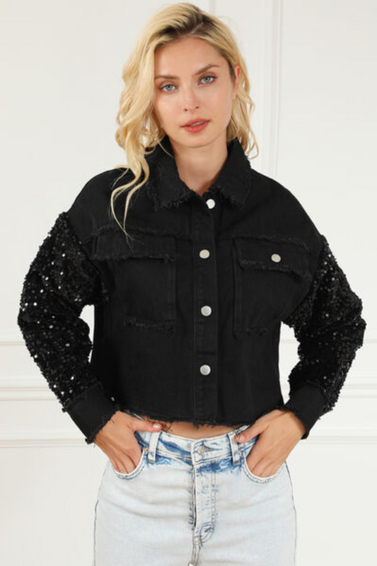 Sequin Button Up Raw Hem Denim Jacket|3431