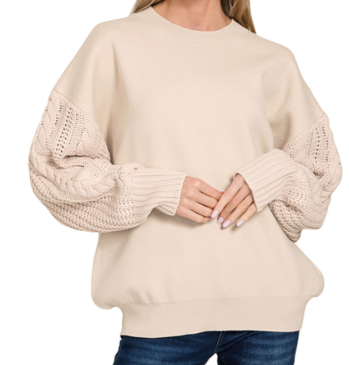 Cable Knit Sleeve Round Neck Sweater- Beige|7897