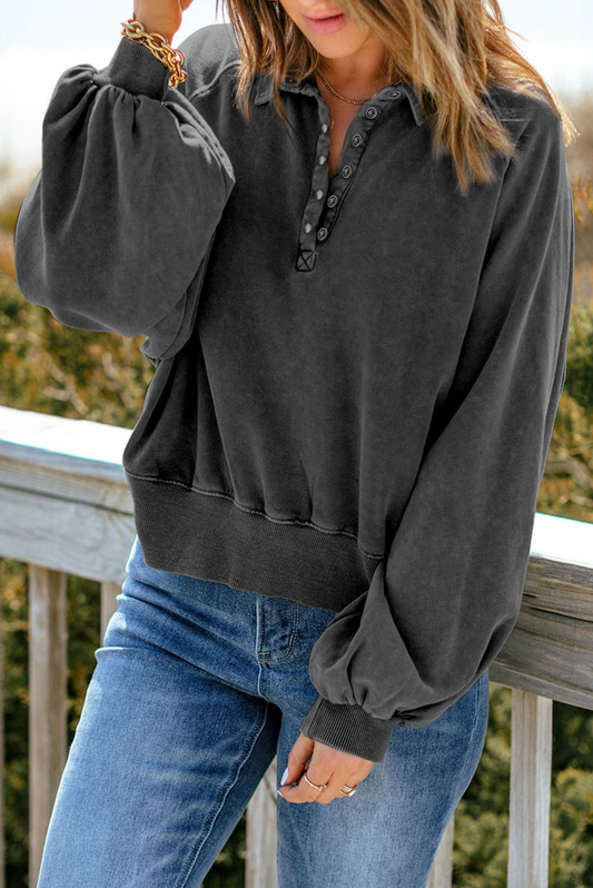 Quarter-Snap Lantern Sleeve Sweatshirt - Black|7941