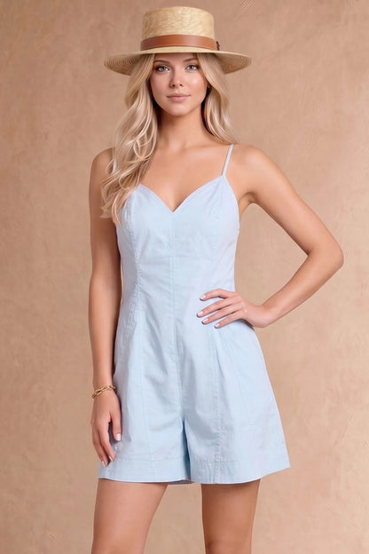Blue Sleeveless Open Back Romper